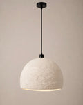 A modern pendant light with a textured off-white dome shade and a matte black suspension rod and canopy, shown against a plain beige background.
