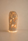 A textured, organic-shaped lamp or sculpture made of a rough, light-colored woven or stone-like material, glowing warmly from internal string lights against a plain beige background.